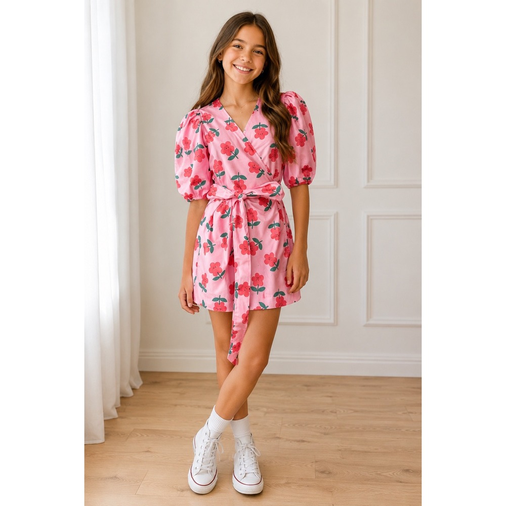 Caroline Bosmans Girls Pink Red Smiley Flower Wrap Dress Puff Sleeve Size 12